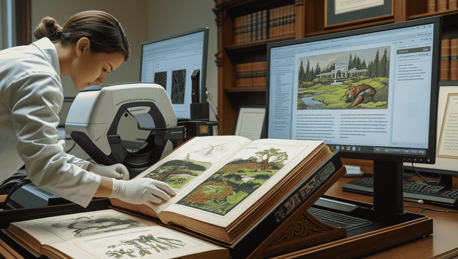 eRecordsUSA technician cradling fragile Patagonia fieldwork volume