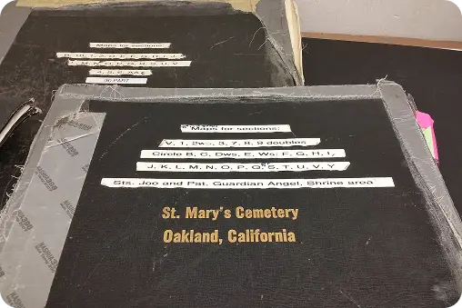 Digitizing historic cemetery records book from St Mary's Cemetery Oakland CA