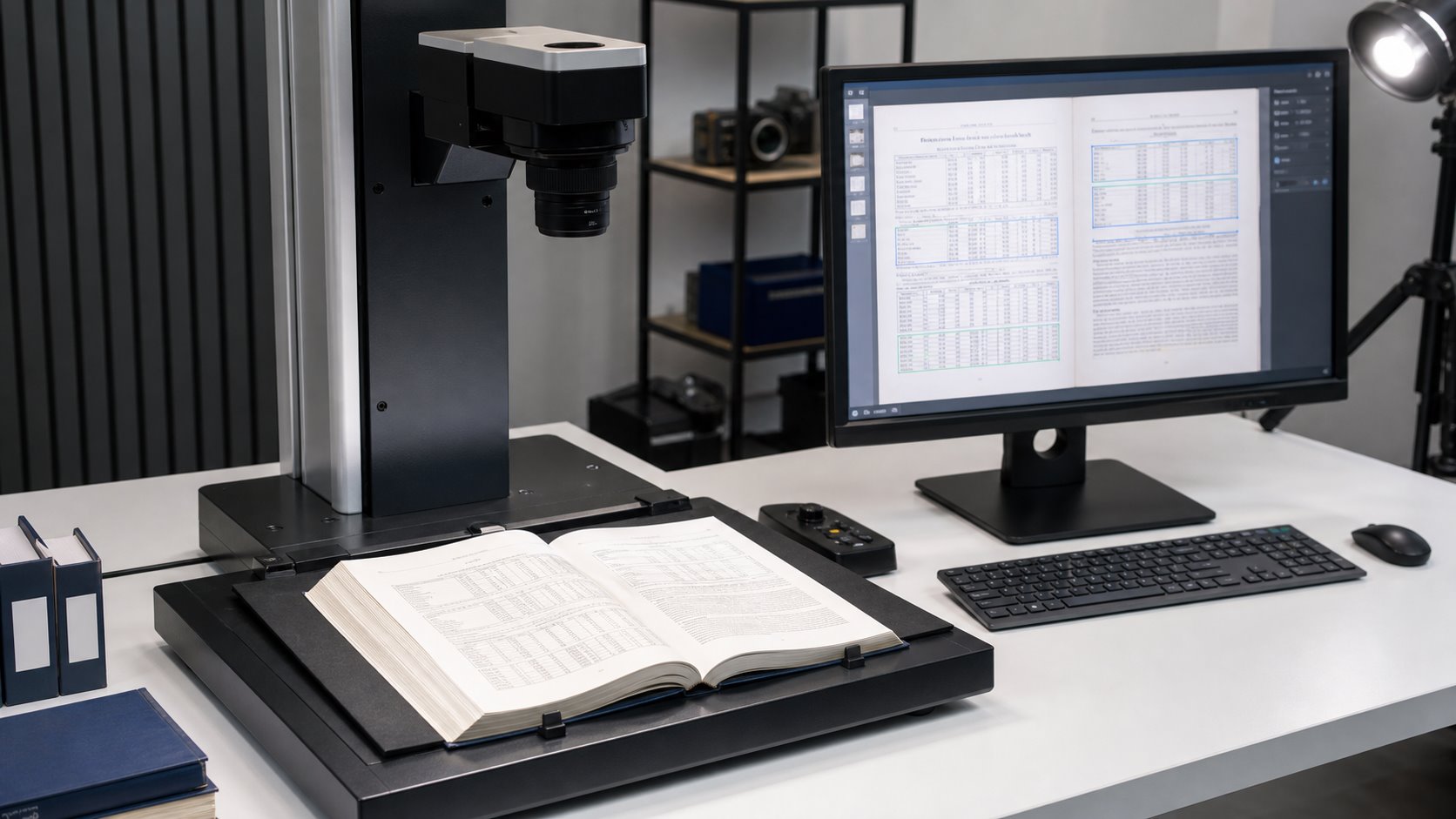 OCR table layout analysis for a scanned technical manual Technical manual undergoing OCR table layout analysis on a professional book scanner