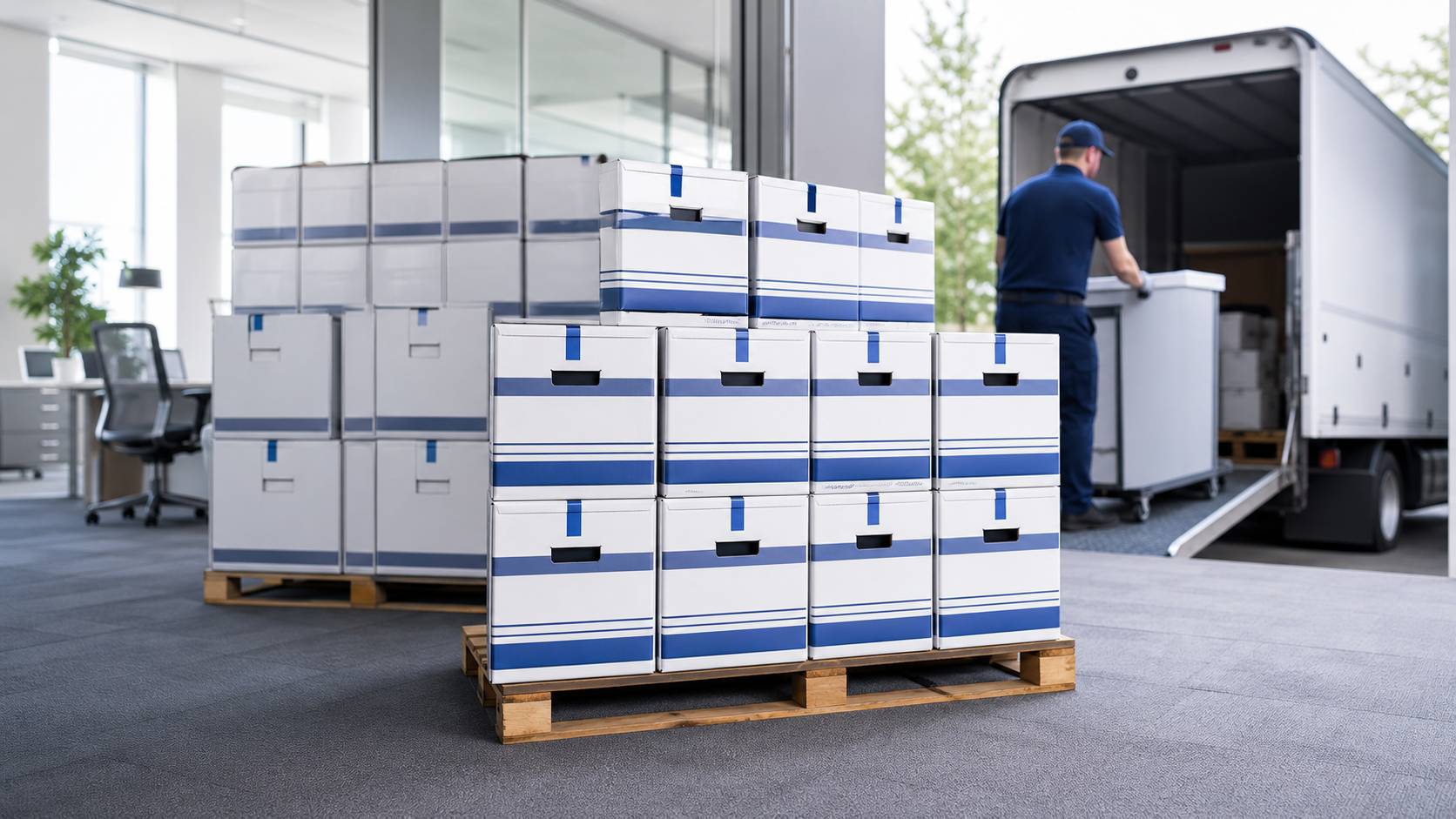 Preparing HR and financial records for secure bulk shredding pickup Banker boxes on pallets being prepared for secure records pickup during an office relocation.